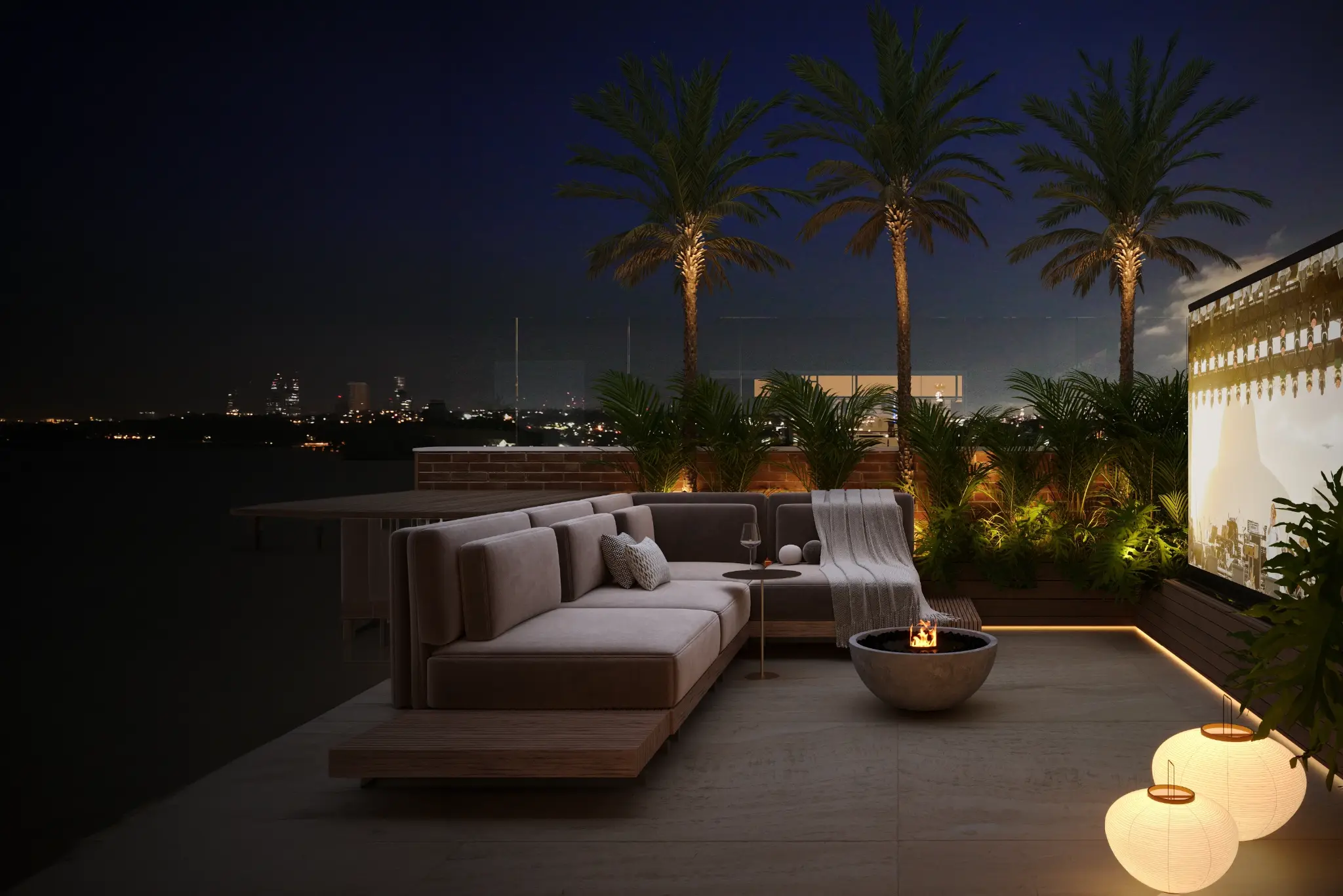 Lounge externo com fogueira, imagem preliminar do Bossa
